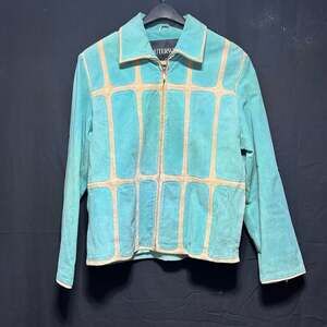 Vintage Outerwear By Lisa 100% Suede Turquoise Blue Grid Panel Zip-Up Jacket